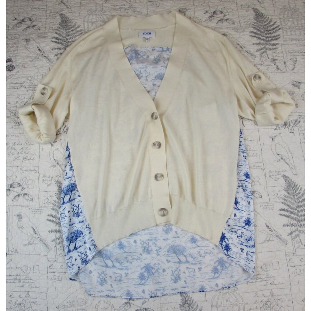 NEW KOCH SWEATER CREAM BLUE WHITE PRINT COTTON CASHMERE BLD SIZE SMALL S